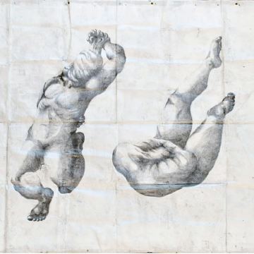 Miguel Aguilar, XXII and XXIII, graphite on Tarpaulin, 190 in x 125 in, 2019 - Sarah and Tom Lea Purchase Award for Best Life Drawing or Life Painting.